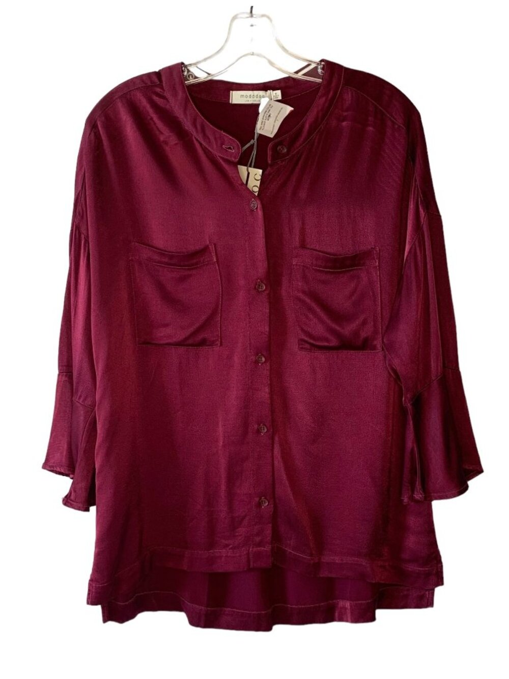 MODODOC Red Satin 3/4 Bell-Cuff Sleeve Collarless Button-Up Blouse NWT Medium